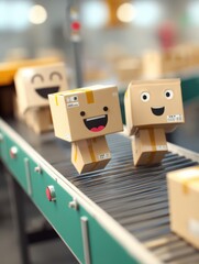 Aufkleber - Cute Animated Parcels Joyfully Jumping on Conveyor Belt in a Colorful Warehouse During Daytime Generative AI