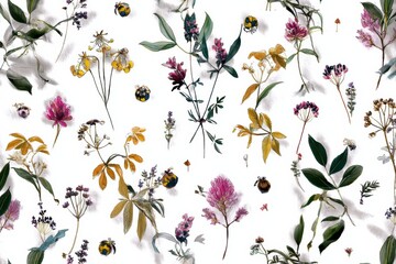 Aufkleber - Floating Botanical Illustration Featuring Diverse Plant Species and Insects Against a Clean White Backdrop Generative AI