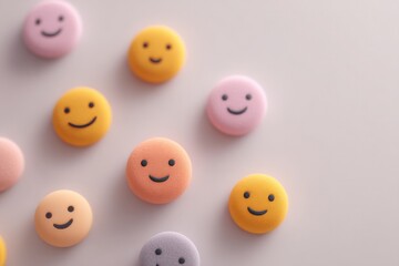 Wall Mural - minimalistic arrangement of various emoji icons on white background with ample copy space