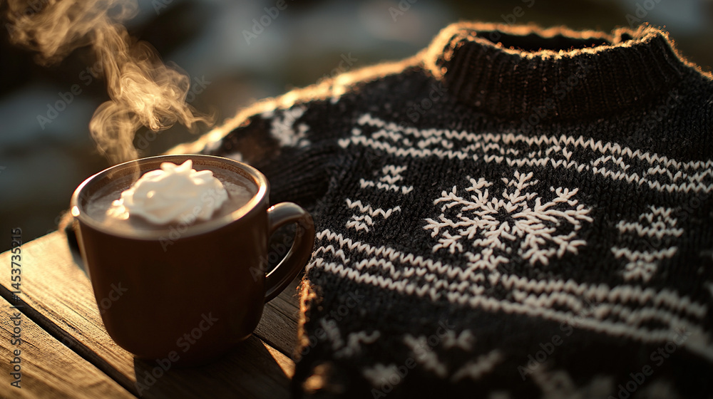 Traditional Icelandic wool sweater with snowflake patterns beside hot ...