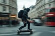 © Baser - Urban commuter on electric skateboard amidst city bustle.