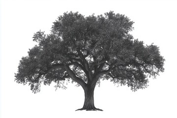 detailed illustration of a large oak tree with sprawling branches and lush foliage