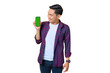 © Sewupari Studio - Smiling young Asian man in plaid shirt showing blank screen smartphone isolated on transparent background