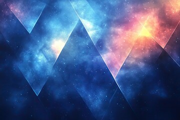 abstract geometric design with vibrant colors and glowing triangles.