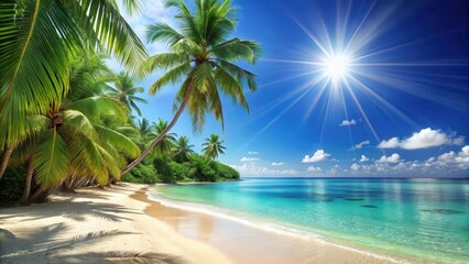 serene sandy beach with crystal clear blue waters and a lush backdrop of swaying palm trees under a 