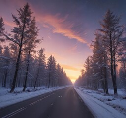 Wall Mural - Asphalt road winds through snow-laden trees, sunrise paints sky, Milky Way visible ,  photography,  landscape,  phenomenal