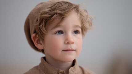 Wall Mural - portrait of child in traditional attire celebrating shavuot with blurred neutral background for focu