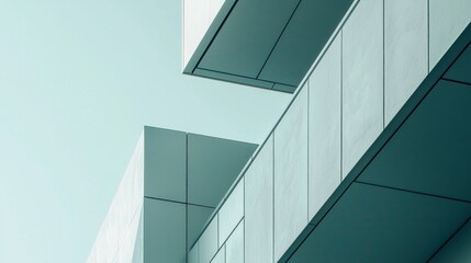 Fototapete - The image showcases a contemporary architectural structure with sharp angles and modern balconies. The building's clean lines are set against a serene blue sky, highlighting its minimalist style