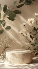 Fototapete - Soft sunlight filters through the leaves, casting gentle shadows on a minimalist display featuring beautiful flowers and greenery. The scene captures tranquility in nature’s beauty