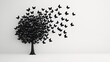 © Wan_photo - Artistic representation of a black tree surrounded by a swarm of butterflies on a minimalist white background