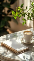 Fototapete - Sunlight pours through a window, illuminating a small table set with a cup of coffee and an open notebook. Green leaves provide a fresh, calming atmosphere, perfect for reflection