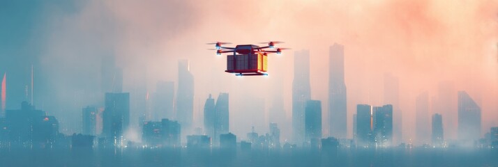 Poster - Drone Makes Delivery in Futuristic City Sky Over Glowing Skyline at Sunset Generative AI