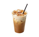 Iced caramel macchiato with straw served in a plastic cup on a transparent background png drinks design