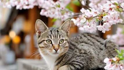 a cute tabby cat sitting calmly on a traditional wooden fence under blooming cherry blossom branches