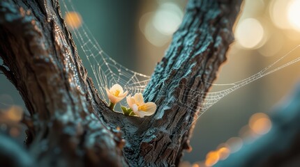 Macro photography of tree branch with spider web and flowers nature photography