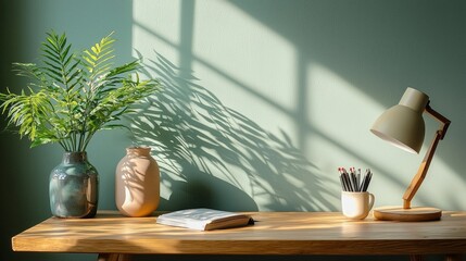 Fototapete - Soft sunlight pours into a serene workspace, illuminating a wooden desk adorned with a green plant, a decorative vase, and a lamp, creating a cozy, inviting environment for creativity