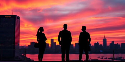 Wall Mural - Silhouetted figures in professional attire against a vibrant sunset cityscape,  modern, opportunity