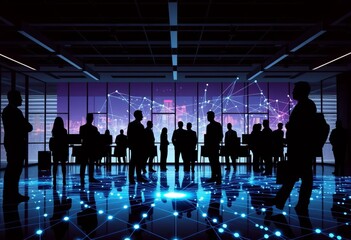 Wall Mural - Silhouetted figures in office setting overlaid on network graphic; ample empty space, nodes, lines