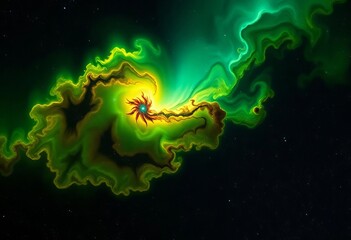 Wall Mural - Vast cosmic expanse, vibrant nebulae swirl in green and yellow hues against a black backdrop, dotted with star clusters, discovery, stars