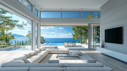 Fototapete - Spacious living area features a sleek white sofa and glass walls, offering stunning views of the ocean and trees under clear blue skies. Perfect for relaxation and comfort
