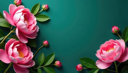 Wall Mural - bold, oversized peonies and lush foliage on a deep teal backdrop, foliage, intense