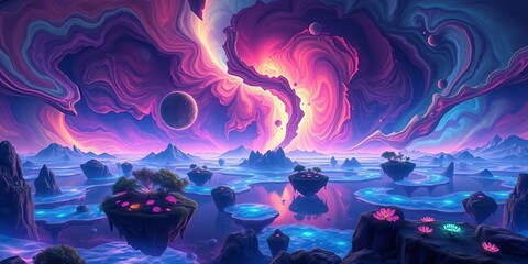 Wall Mural - Vibrant, swirling nebulae landscape with floating islands and bioluminescent flora, psychedelic, background