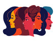 © Khalid - International women's day concept poster. Women's History Month banner. Different women stand together. Celebrating Women s History Month Diverse women s profiles in bold colors and graphic style.