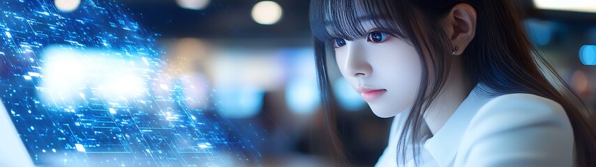 woman studying digital interface