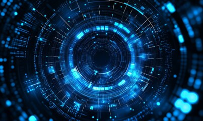 A digital image with a blue background, a circle containing a white cloud icon, and binary code in the dark space encircling the circle