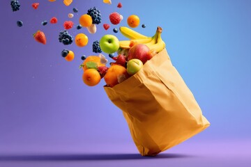 Poster - Fast Grocery Delivery Bag Overflowing With Fresh Fruits in Midair Against a Vibrant Blue and Purple Background Generative AI