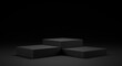 © Meow Creations - Dark charcoal gray podium with matte finish, composed of three stepped rectangular blocks against a pure black background for product display.