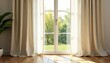 © yuwaree - Cream linen curtains, natural light streaming through , photo, fabric