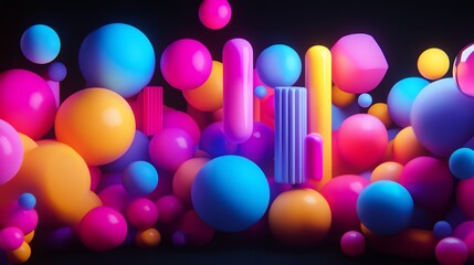 Canvas Print - 3d render of a vibrant, abstract composition featuring numerous colorful spheres and geometric shape