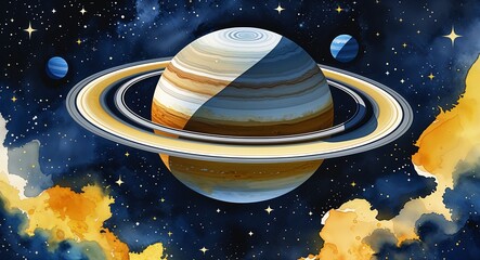 Wall Mural - Saturns rings visible in the starry sky on watercolor golden yellows and dark blues