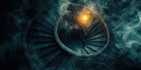 Wall Mural - A night scene where dream fragments swirl like smoke from a candle, forming a spiral staircase.