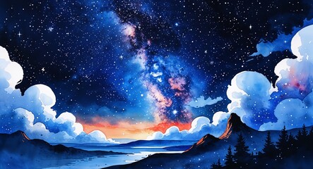 Wall Mural - Starry night sky on abstract illustration watercolor