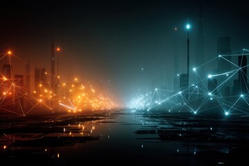 Poster - Cyberpunk Landscape Showcasing a Divide Between East and West Networks in a Futuristic City at Dusk Generative AI
