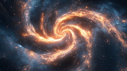 Wall Mural - Digital illustration of a swirling galaxy with vibrant orange and blue nebulous arms against a dark background.