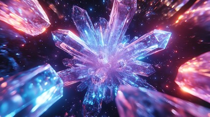 Wall Mural - 3d render showcases a central, radiant crystal explosion surrounded by shards within a dark, cosmic 