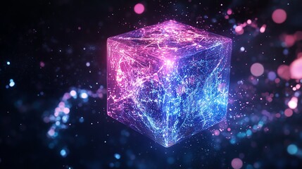 Wall Mural - 3d render of a glowing, fractured cube engulfed in vibrant blue and pink particle effects against a 