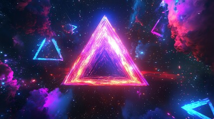 Wall Mural - 3d render of a luminous pink triangle dominates a dark, star-filled nebula background with scattered