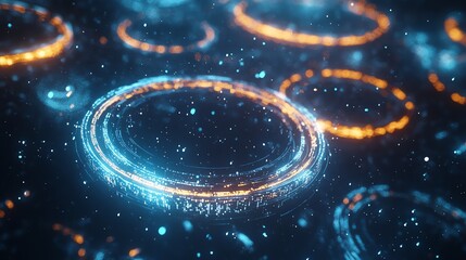 Wall Mural - 3d render of swirling luminous rings embedded within a dark cosmic backdrop with scattered particles