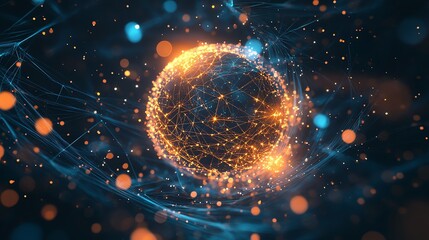Wall Mural - 3d render of a glowing orb encompassed by interconnected networks amidst a dark, swirling background