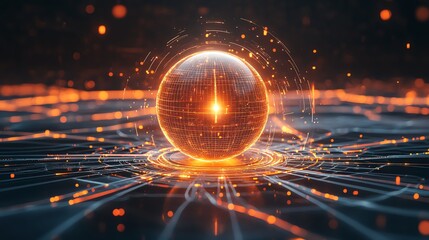 Wall Mural - 3d render of a glowing globe encompassed by intricate, radiating circuit lines on a dark, textured s