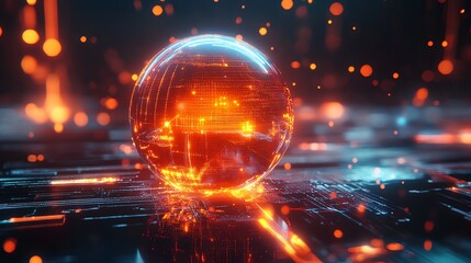 Wall Mural - 3d render of a globe overlaid with glowing circuit lines and digital particles in vibrant orange and