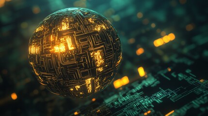 Wall Mural - 3d render of a circuit board globe with glowing orange pathways against a dark, abstract background.