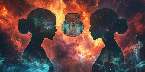 Wall Mural - Cosmic balance represented by mirrored women, a radiant Bagua floating in between, all wrapped in vibrant nebula tones