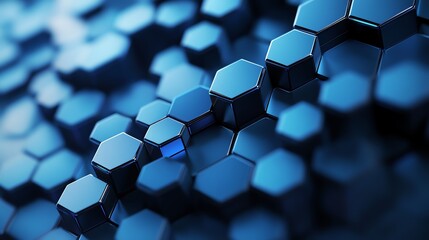 Wall Mural - 3d render of numerous, overlapping, glowing blue hexagons in a dark background.