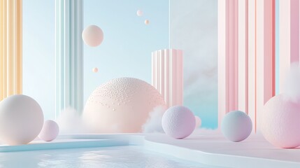 Canvas Print - 3d render of a minimalist scene with rounded spheres, striped pillars, and a pastel color palette.