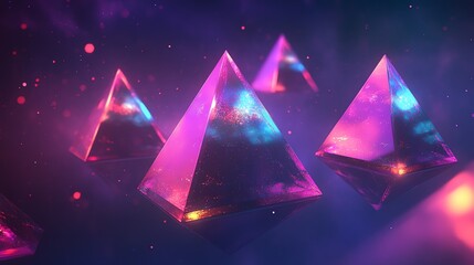 Wall Mural - 3D render showcases translucent pink and blue pyramids amidst a cosmic nebula backdrop with scattered light particles.